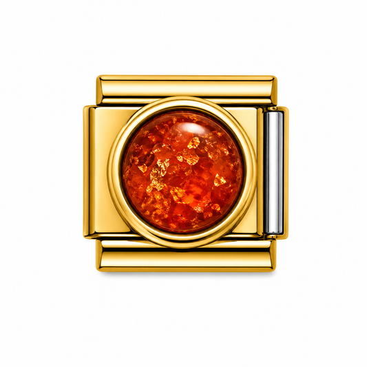 Fiery Orange Glitter Cabochon Gold Italian Charm