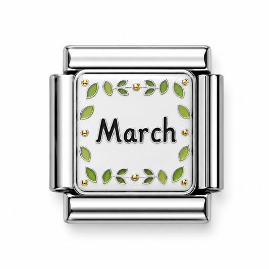 March Green Leaves Silver Italian Charm