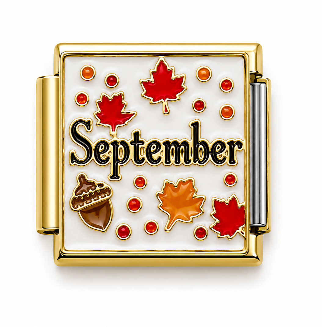 September Autumn Leaves and Acorn Gold Italian Charm