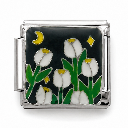Moonlit White Tulip Garden Silver Italian Charm