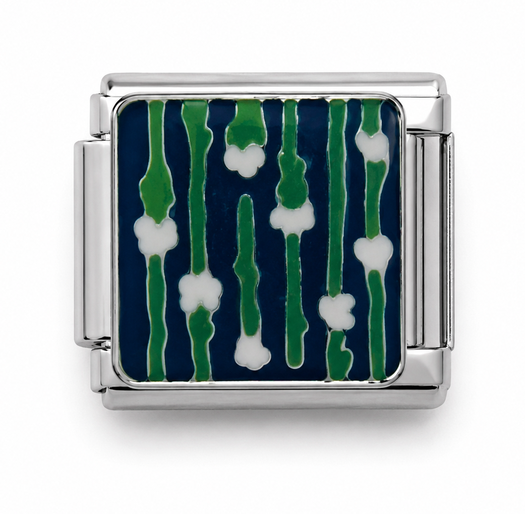 White Blossoms and Green Stems Silver Italian Charm