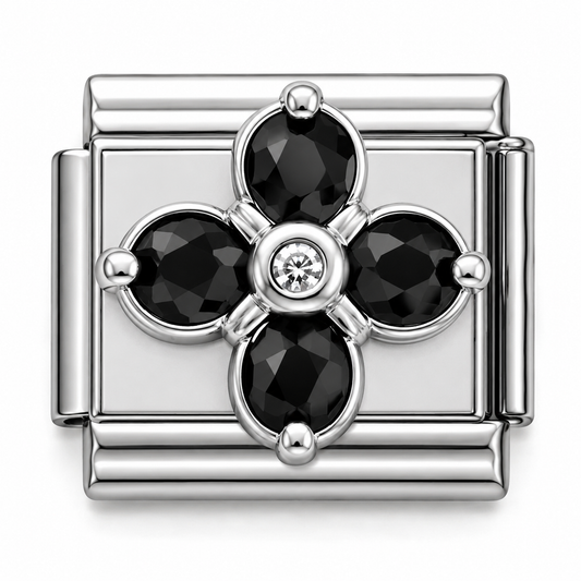 Black Crystal Flower Silver Italian Charm