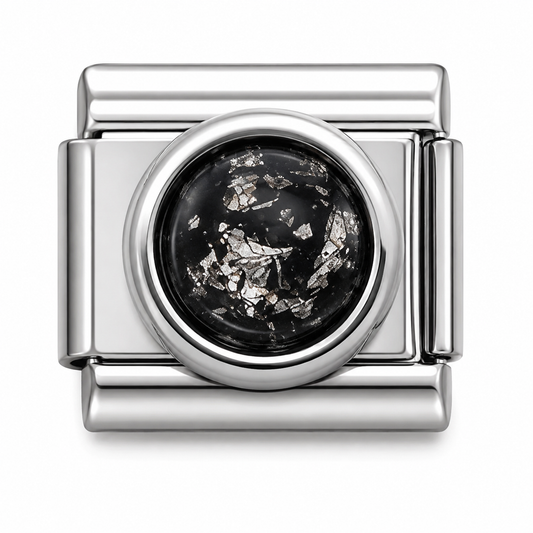 Black Resin with Silver Foil Flakes Silver Italian Charm