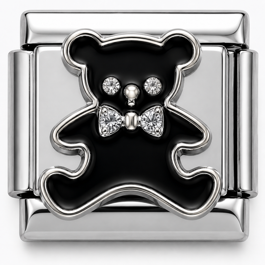 Black Teddy Bear Crystal Silver Italian Charm