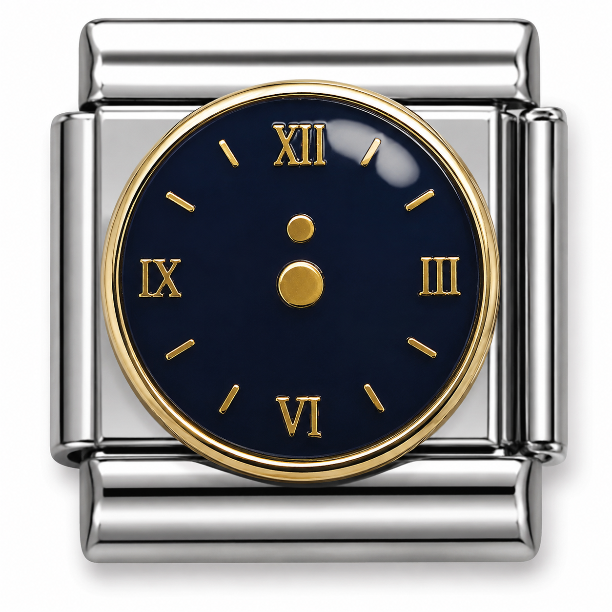 Navy Blue Roman Numeral Clock Face Two-Tone Silver Italian Charm