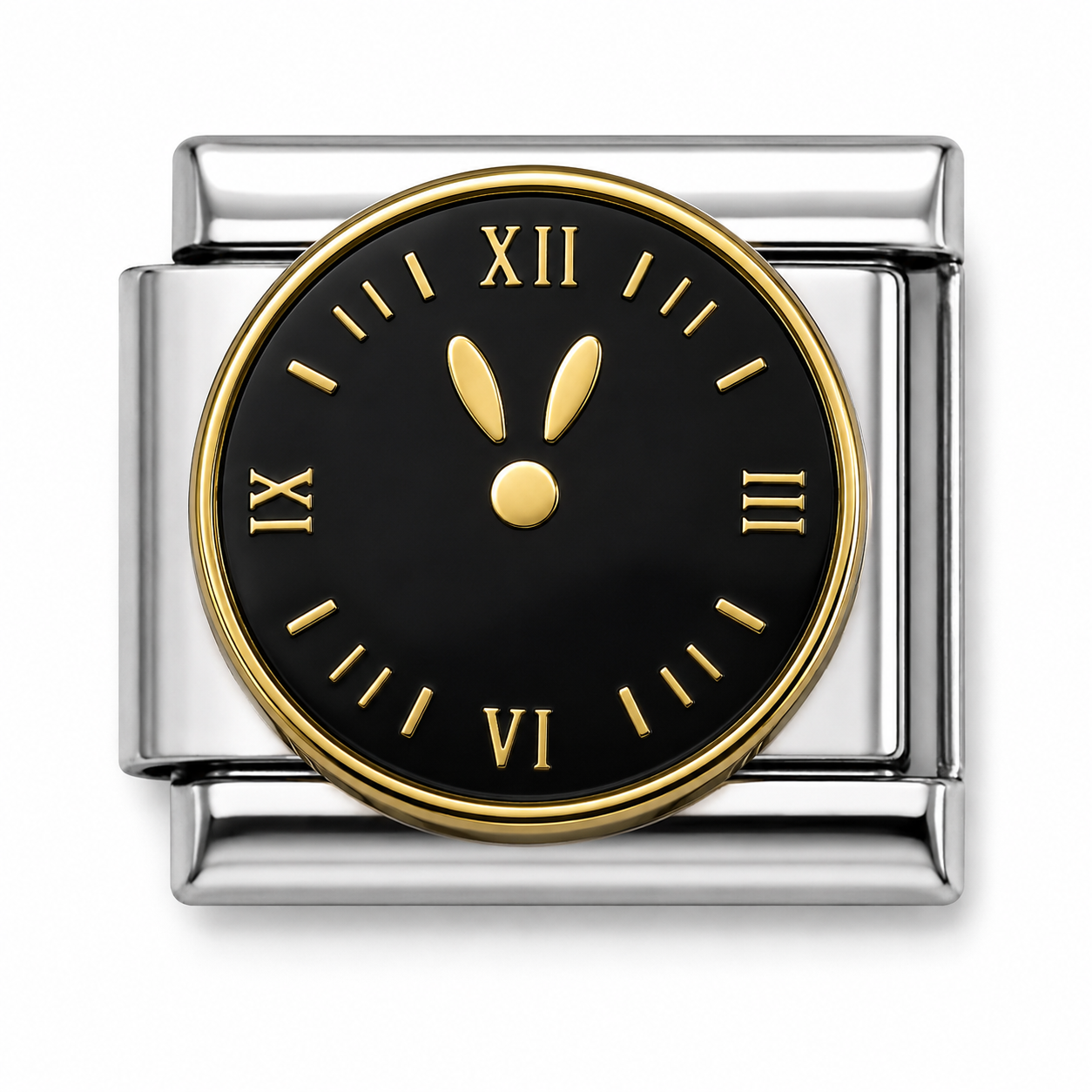 Black Roman Numeral Clock Face Two-Tone Silver Italian Charm
