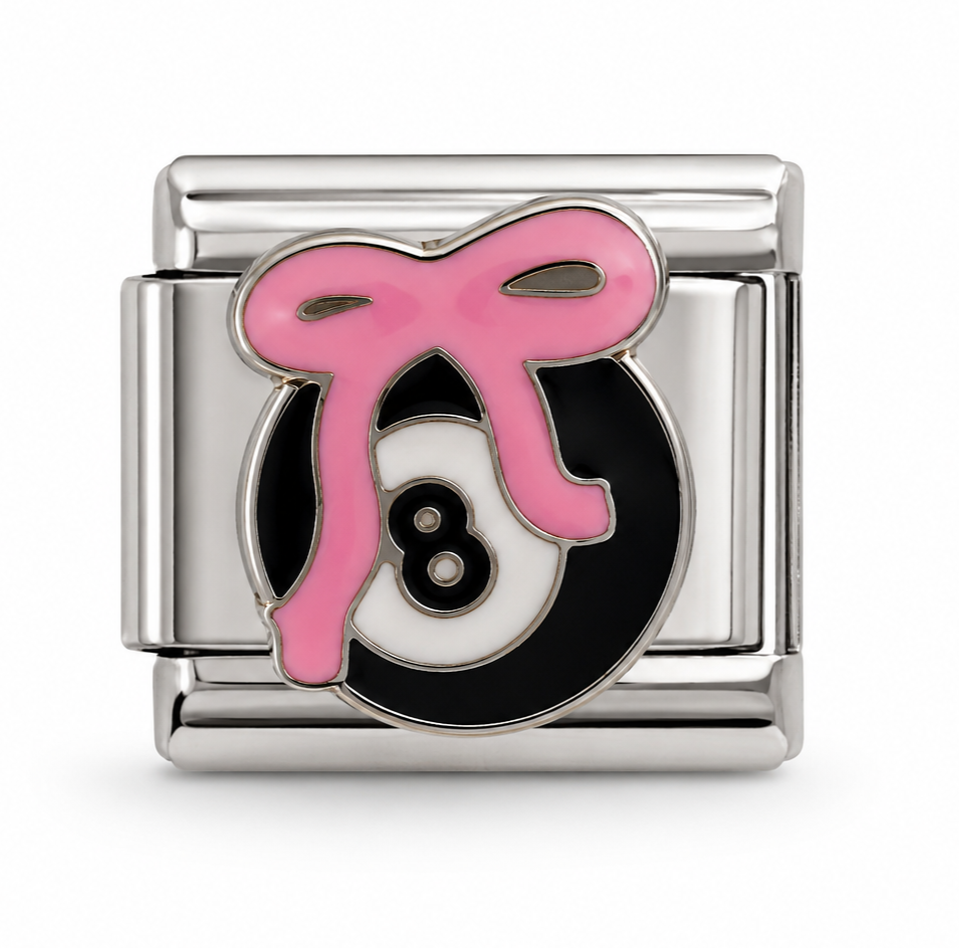 Pink Bow Black 8-Ball Billiards Silver Italian Charm