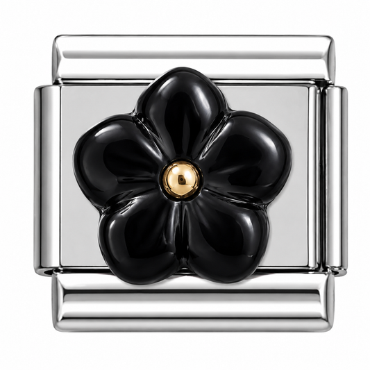 Black Flower with Gold Center Two-Tone Silver Italian Charm