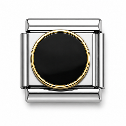 Black Round Enamel Two-Tone Silver Italian Charm