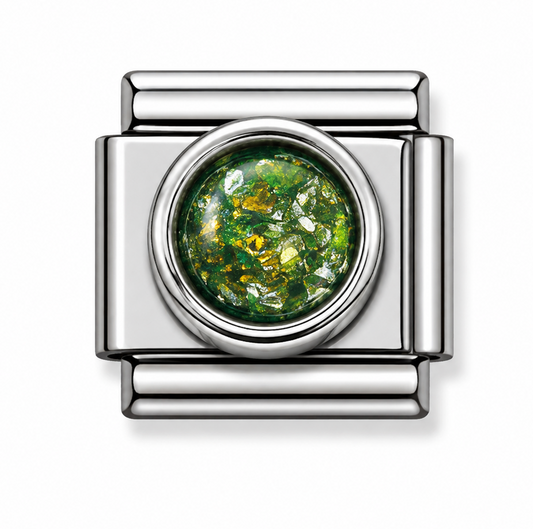 Green Iridescent Foil Round Silver Italian Charm