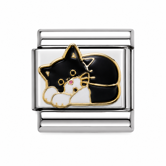 Mother Cat and Kitten Two-Tone Silver Italian Charm