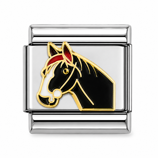 Black Horse Head Two-Tone Silver Italian Charm
