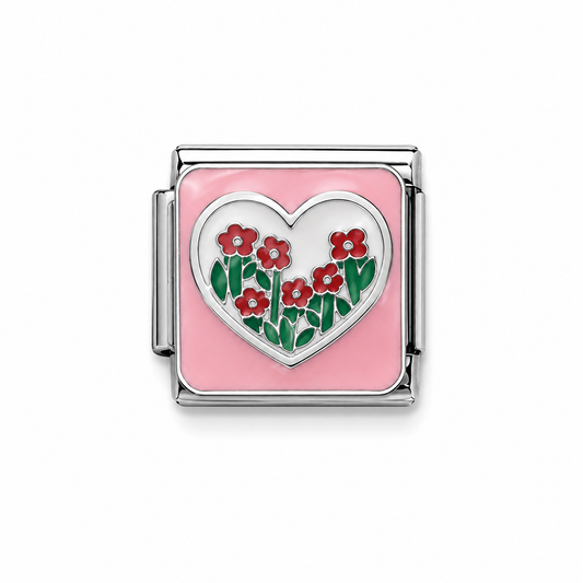 Red Floral Heart Silver Italian Charm