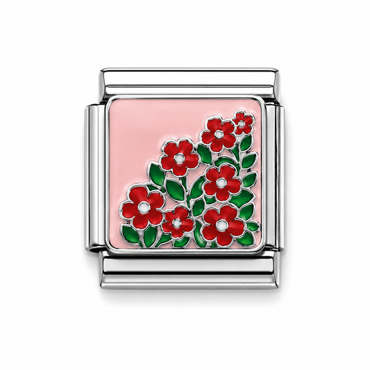 Red Floral Bouquet Silver Italian Charm