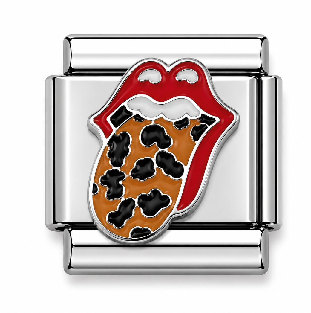 Red Lips Leopard Print Tongue Silver Italian Charm