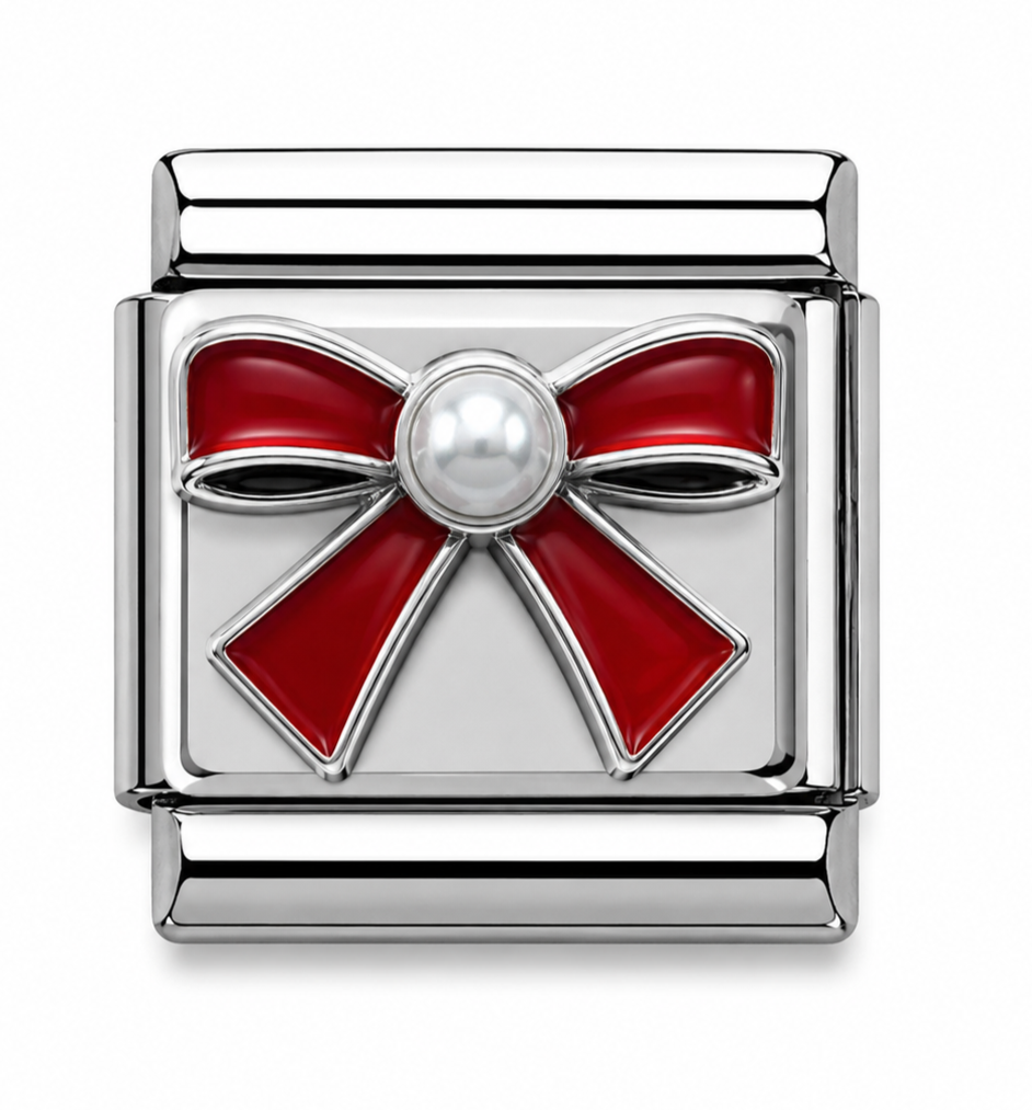 Red Bow with Pearl Center Silver Italian Charm