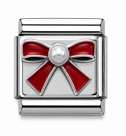 Red Bow with Pearl Center Silver Italian Charm