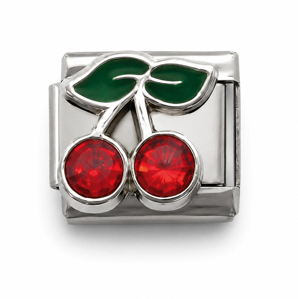 Red Crystal Cherry Silver Italian Charm