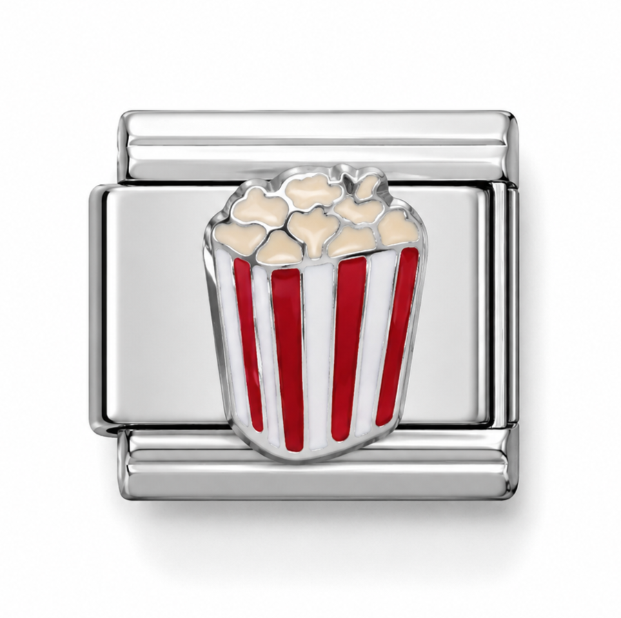 Red and White Popcorn Bucket Silver Italian Charm