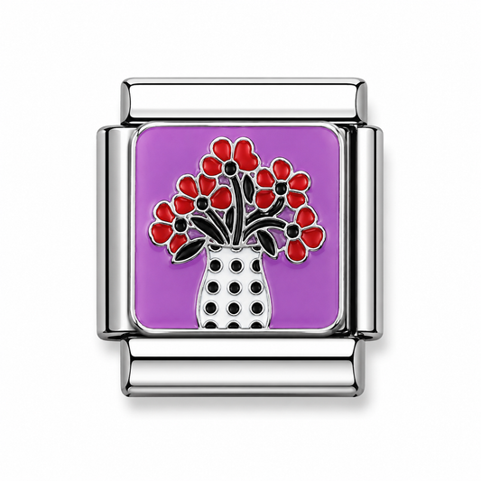 Red Flower Bouquet in Polka Dot Vase Silver Italian Charm
