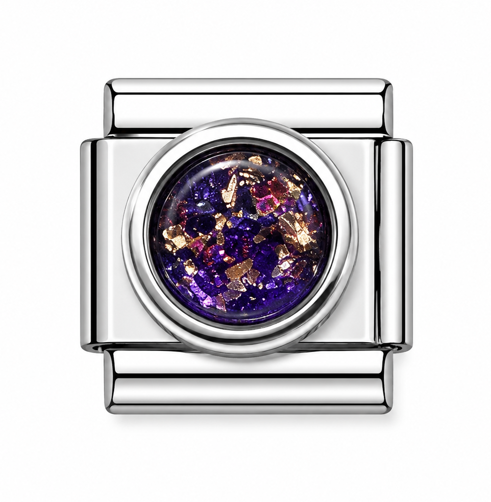 Purple Glitter Gold Foil Round Silver Italian Charm