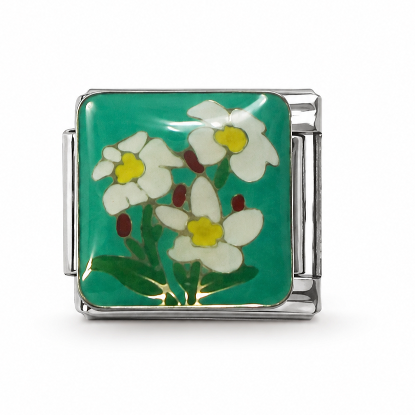 White Blossom Bouquet Teal Silver Italian Charm