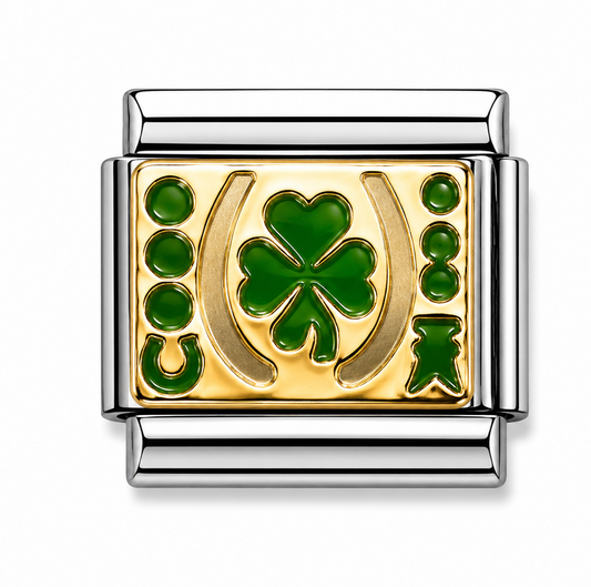 Green Four-Leaf Clover and Horseshoe Two-Tone Silver Italian Charm