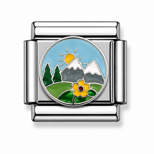 Mountain Sunrise and Yellow Flower Silver Italian Charm