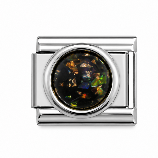Black Iridescent Foil Round Silver Italian Charm