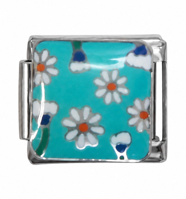 White Daisy Pattern Turquoise Silver Italian Charm