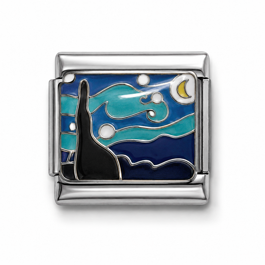 Starry Night Cypress Landscape Silver Italian Charm