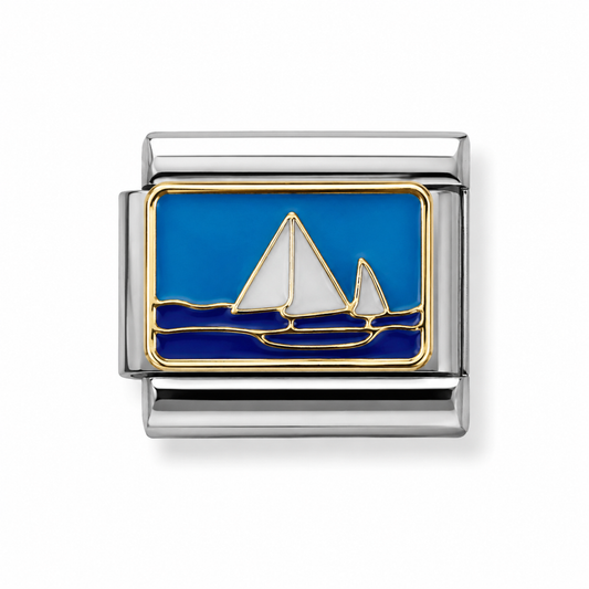 White Sailboats Blue Ocean Two-Tone Silver Italian Charm