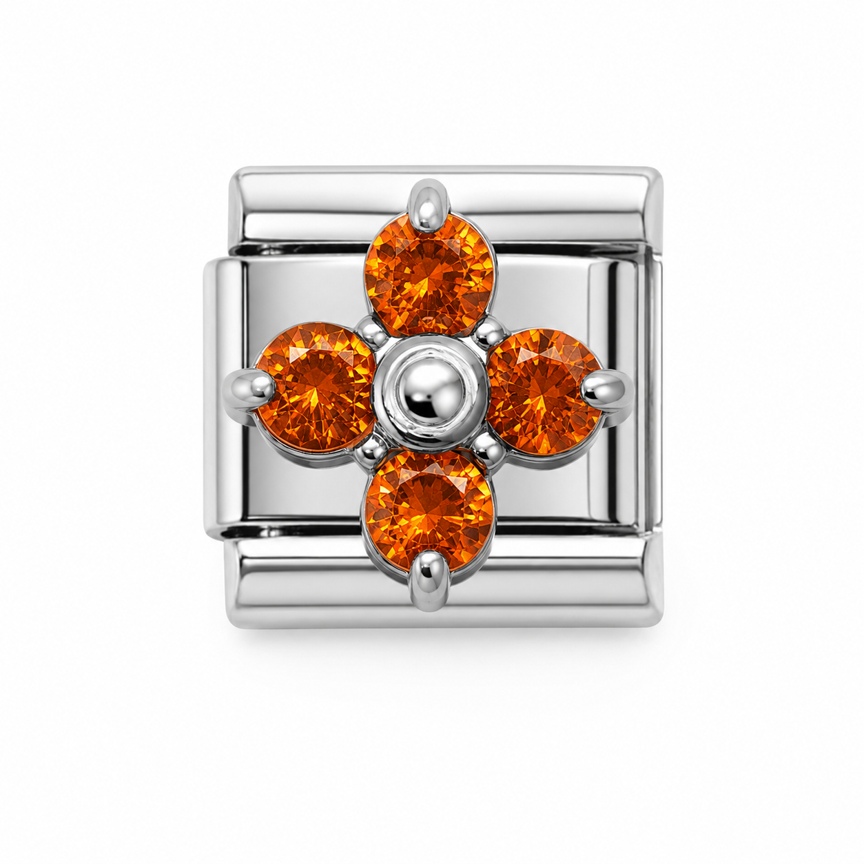 Orange Crystal Flower Silver Italian Charm