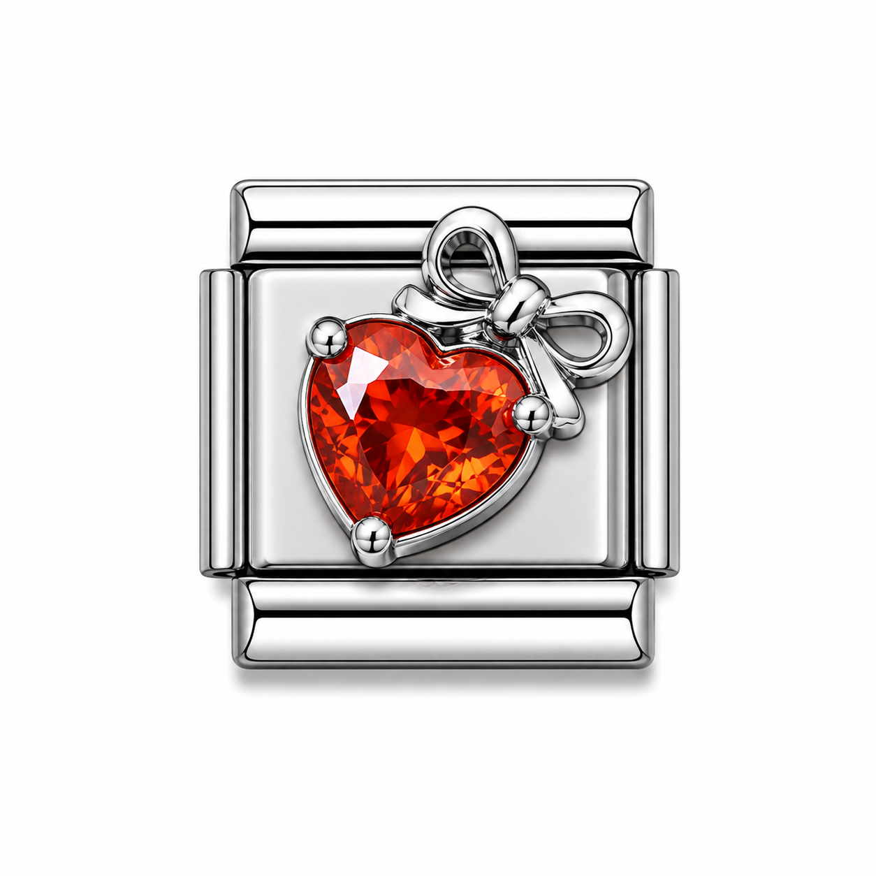 Red Crystal Heart ❤️ Bow Silver Italian Charm