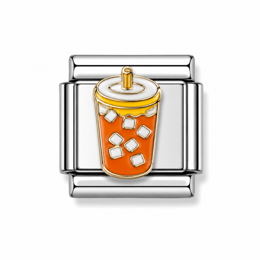 Orange Iced Drink Two-Tone Silver Italian Charm