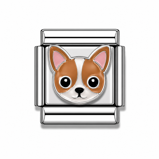 Brown and White Chihuahua Dog Face Silver Italian Charm
