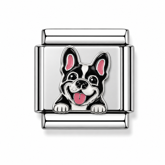 Black and White Boston Terrier Dog Face Silver Italian Charm