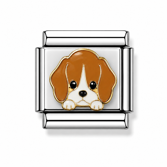 Brown and White Beagle Puppy Two-Tone Silver Italian Charm