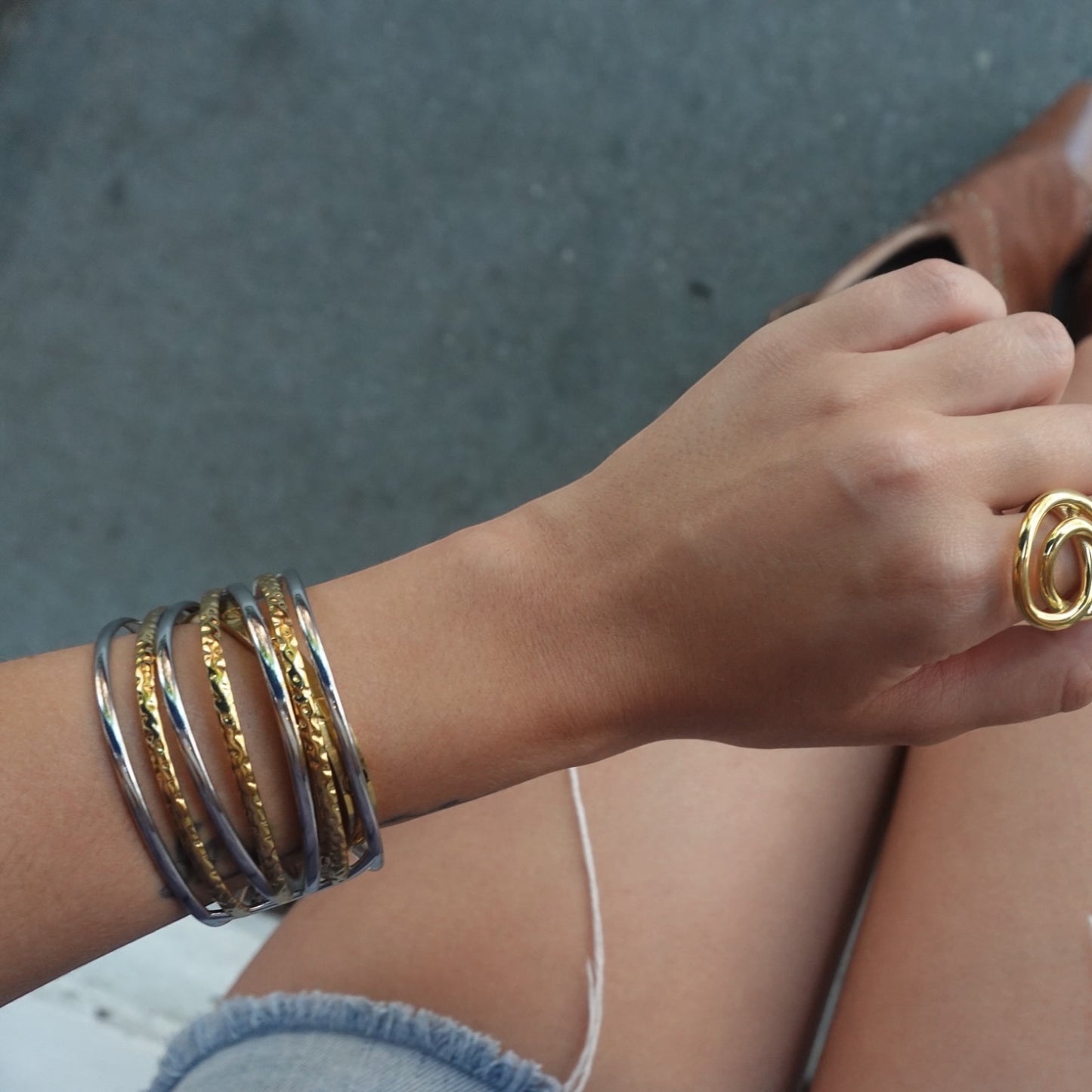 Two Tone Multi Strand Hammered Cuff Bracelet