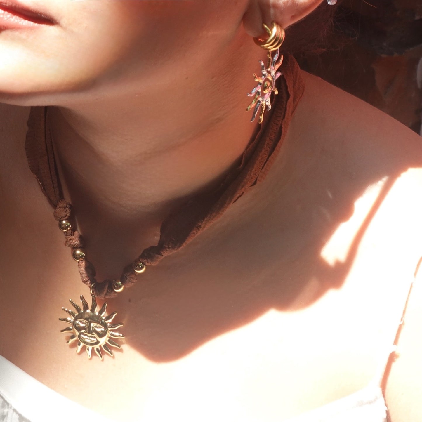 Brown Fabric Sun Pendant Necklace with Gold-Tone Beads