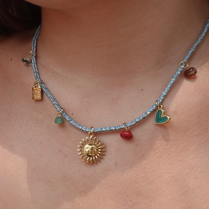 Blue Braided Sun & Heart Charm Necklace
