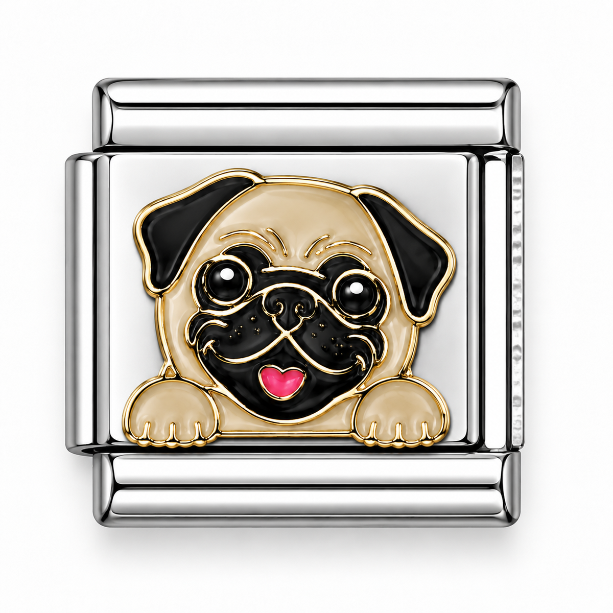 Fawn Pug Dog Face Two-Tone Silver Italian Charm
