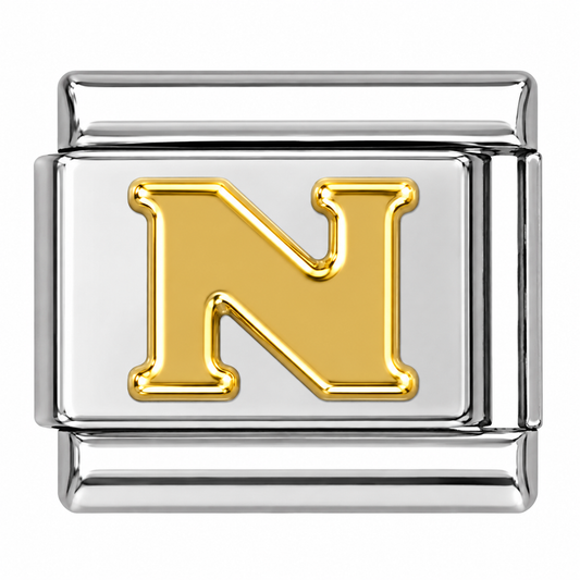 Gold Letter N Silver Italian Charm