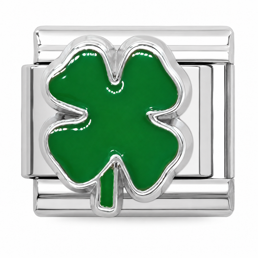Green Four-Leaf Clover Silver Italian Charm