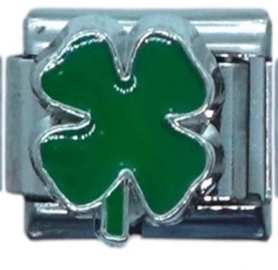 Green Four-Leaf Clover Silver Italian Charm