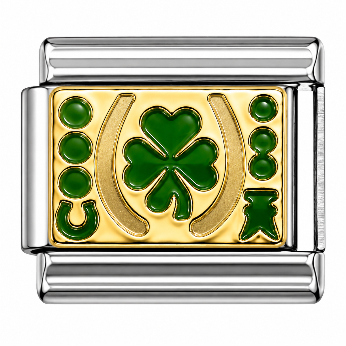 Green Four-Leaf Clover and Horseshoe Two-Tone Silver Italian Charm