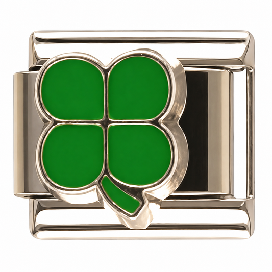 Green Four Leaf Clover Silver Italian Charm