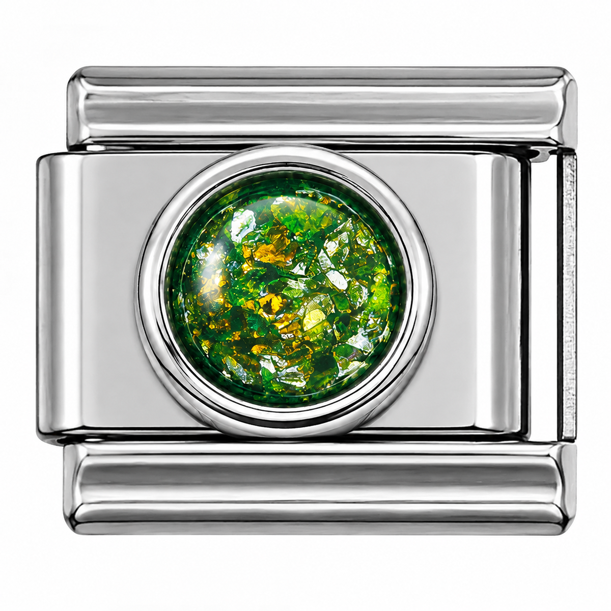 Green Iridescent Foil Round Silver Italian Charm