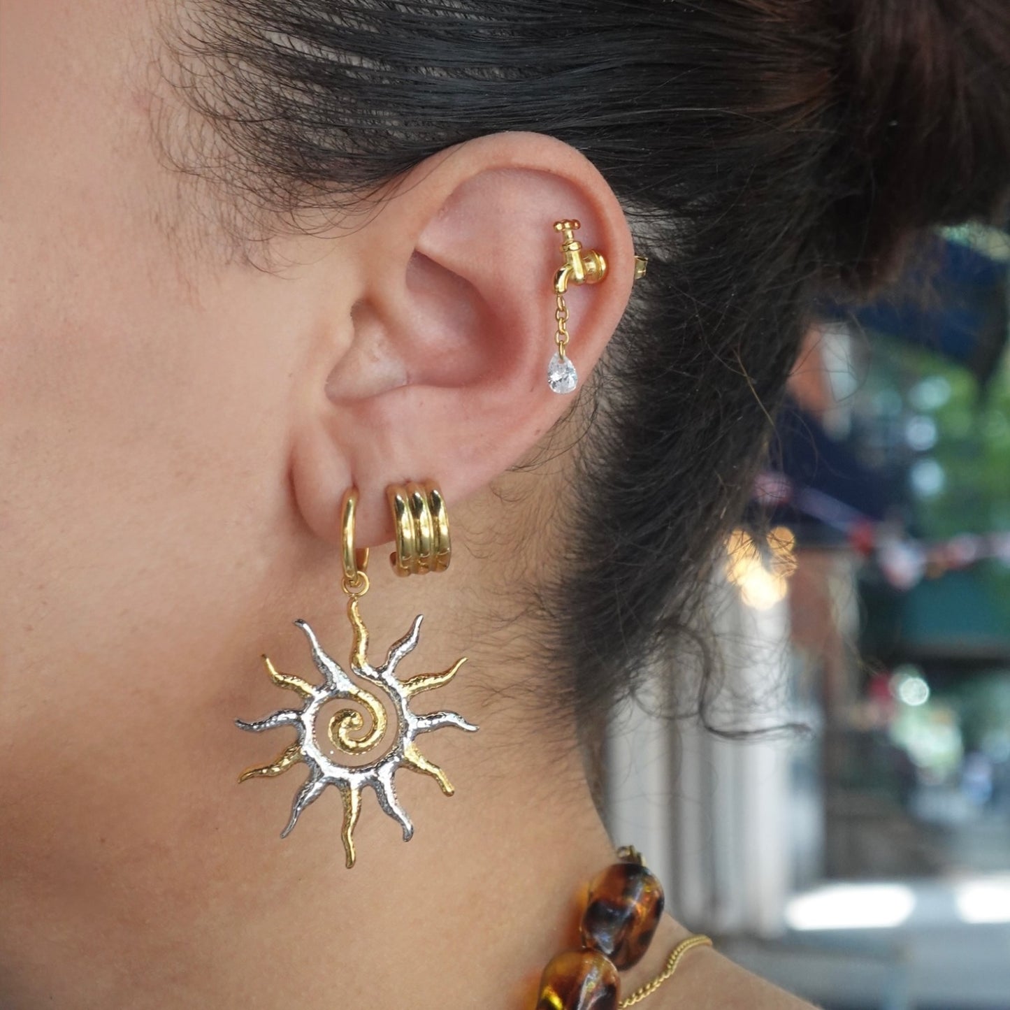 Triple Row Gold Tone Statement Earring