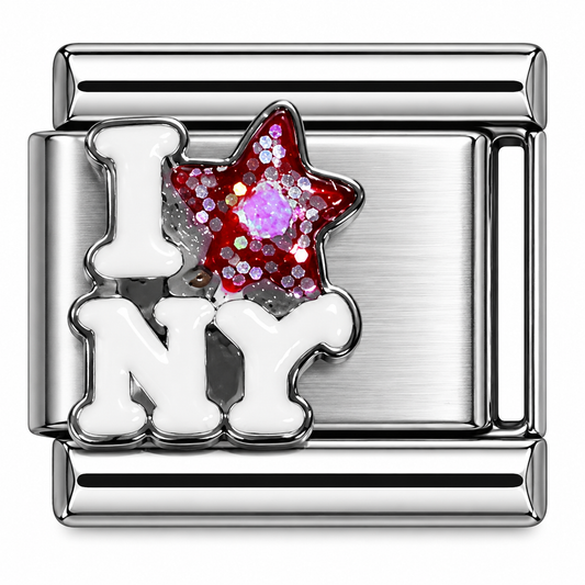 "I ♥ NY" Star Red Glitter Silver Italian Charm